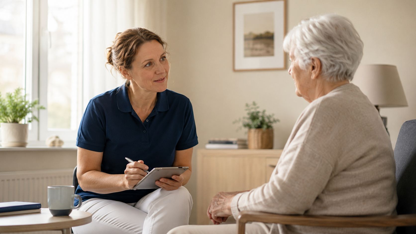 Pflegekraft im Beratungsgespräch mit Seniorin